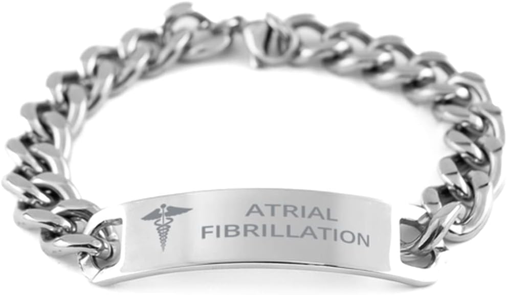 Medical Cuban Chain Stainless Steel Bracelet, Atrial Fibrillation Awareness, Medical Symbol, SOS Emergency Health Life Alert ID Engraved Stainless Steel Silver Jewelry Adjustable Bracelet For Men