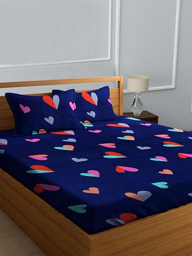 Image of Decorum Heart Print Double Bedsheet Set | 228 x 220 cm Cotton Blend Bedsheet with 2 Pillow Covers | Navy Blue Colorful Love Pattern | Soft & Durable Bedding for Bedroom Decor | Romantic Gift Idea