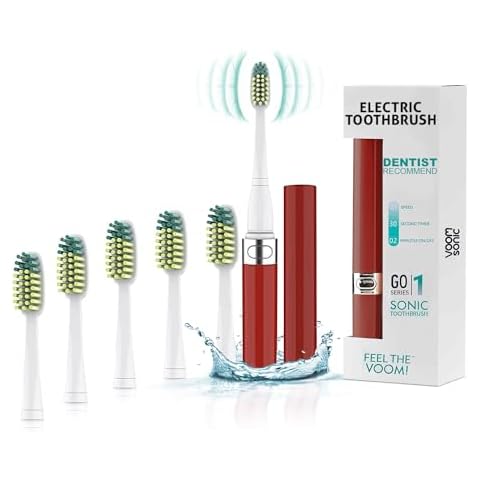 Voom Sonic Go 1 Series Travel Electric Toothbrush + 4PK Brush Heads, Travel Toothbrushes - Battery Operated Toothbrush for Adults & Kids, Portable with 2 Minute Timer (Metallic Red) Cover