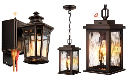 Image of Gleamz Outdoor Wall Light with GFCI Outlet, ORB Dusk to Dawn Outdoor Lighting & Dusk to Dawn Outdoor Pendant Light with Adjustable Chain, Oil Rubbed Bronze(Gold Trim)