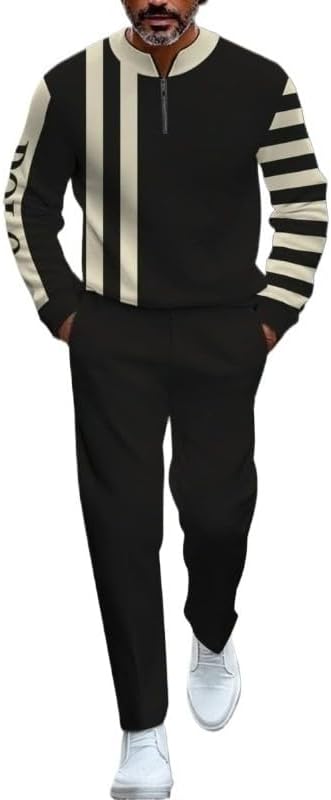 Men's 2-piece casual wear long sleeved shirt pants color blocked round neck sportswear jogging two-piece set