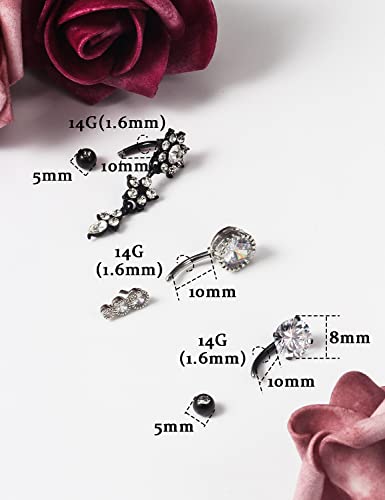 Eakxnig 14G Belly Button Ring Surgical Steel Dangle Belly Rings Snake Glow Dark Round Cubic Zirconia Navel Barbell Body Piercing Jewelry For Women 3/8Inch 10Mm Silver,Rose,Purple,Black Men Belly Ring #TOP6