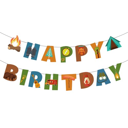 Elaliyi Camping Happy Birthday Banner, Multi-colored, 5.7" x 4.9", Occasion: Birthday