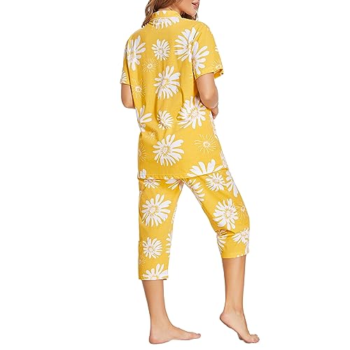 Image of Tugege Capri Pajamas Set Womens Button Down Short Sleeve Lounge Sets Sleepwear Notch Collar Top & Capri 2 Piece PJ Sets