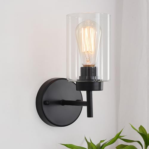 Image of Black Wall Sconce for Bathroom,Modern Indoor Sconces with Clear Glass Shade | Bathroom Wall Lamp indoor Wall Lights for Mirror Kitchen Living Room Hallway Cabinet Porch