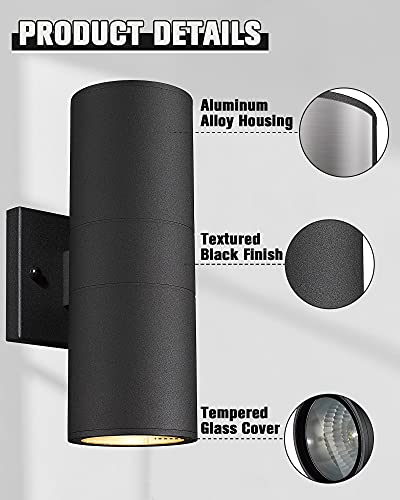 Image of Ken & Ricky Cylinder Outdoor Wall Sconce Lights,Up and Down,Black,1 Pack | Aluminum Waterproof Outdoor Wall light,No Glare,Exterior Lighting Fixtures,E26 Base,For Porch House Garage Front Door Patio