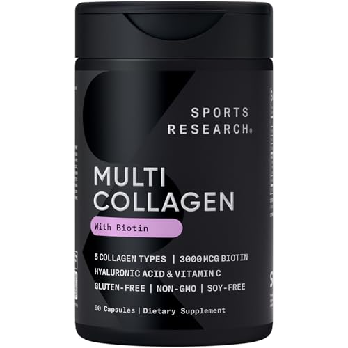 Sports Research® Biotin-Infused Collagen Peptides Complex with Hyaluronic Acid – 5 Multi Collagen Types for Hair, Skin & Joint Support* - Gluten Free · Non-GMO · 90 Capsules
