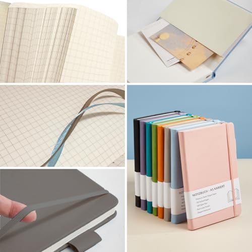 Notizbuch A5 Kariert, Notebook a5 mit Premium 100GSM Papier,192 Seiten， Journal Hardcover mit Innentasche, Elastisch Gebändert, Notizblock für Grafik, Planung, Lernen, 14,5x21,3 cm (Schwarz)