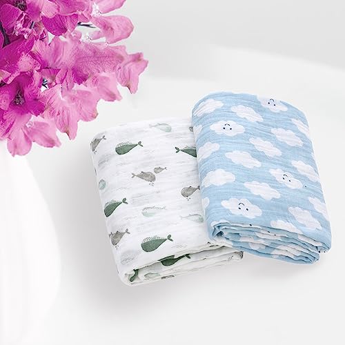 Image of Miracle Baby Muslin Swaddle Blanket for Girl Boy, 47 inchx47 inch 100% Cotton Muslin Extra-Large Swaddle Blankets, Muslin Swaddling Wrap Neutral Receiving Blanket for Newborn, 2 Pack, Cloud + Whale
