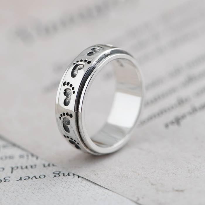 Child’s Footprint Spinner Ring Women, 925 Sterling Silver Wide Meditation Band, Handmade Family Jewelry Gift