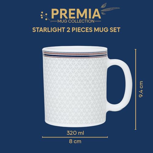 Image of Larah by BOROSIL 320ml x 2pc Opalware Starlight Tea /Coffee Mug Set, Microwave & Dishwasher Safe Embossed Design Crockery Ideal for Daily Use & Gifting