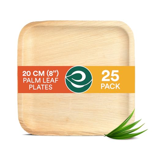 ECO SOUL Palm Leaf Plates 8”(20cm) 25 Square Bamboo Plate I Eco Friendly, Biodegradable, Compostable Heavy-Duty Plate, Disposable Plates for Dinner, Party & Events