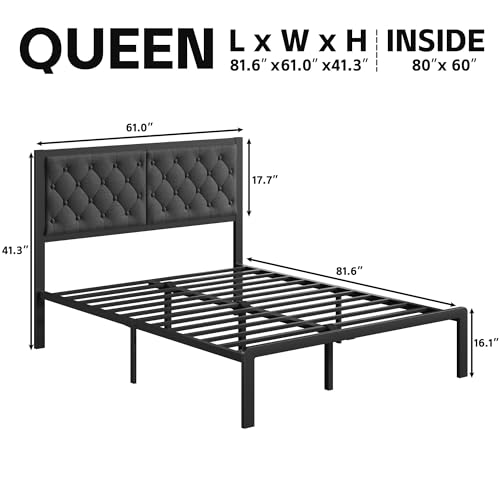Queen Bed Frame with Headboard Linen Upholstered Bed Frame Platform,All Metal Slats Support Platform Bed Frame with Storage Space,Easy Assembly,Noise Free,No Box Spring Needed,Grey