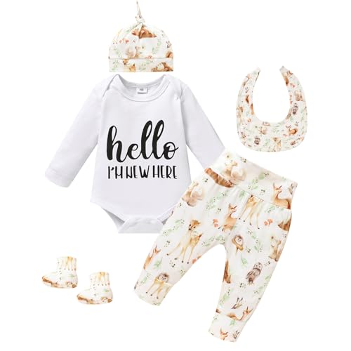 Image of GRNSHTS Newborn Baby Boy Clothes Letter Print Romper+Animal Pants+Mouth watering towel+Socks With Hat Coming Home Outfits