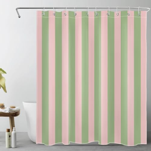 EOBTAIN Pink and Green Striped Shower Curtain for Bathroom Modern Abstract Minimalist Vertical Stripe Shower Curtain with 10 Hooks Vintage Aesthetic Bathroom Curtains Shower Set 60x72 Inch