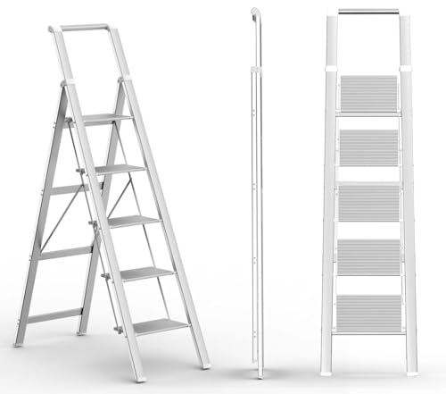 SOLADDER 5 Step Ladder, Folding Step Stool, Lightweight Aluminum Silver Foldable Ladder for 10 Foot High Ceiling with Anti-Slip Wide Sturdy Pedal and Handgrip, Multi-Use for Home (330 lbs Capacity) 1