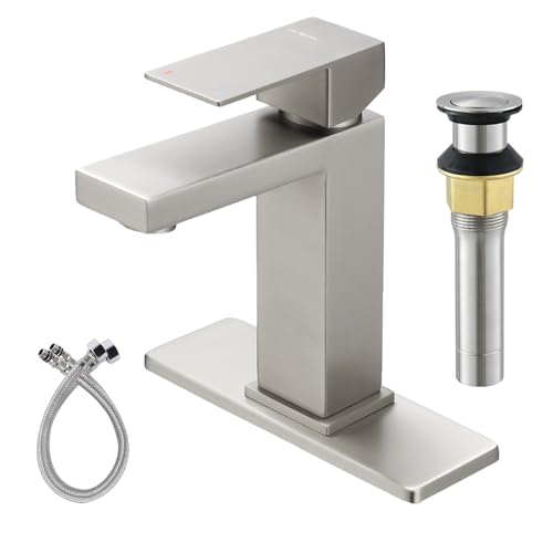 KUZOR Brushed Nickel Single Hole Bathroom Faucet - 304 Stainless Steel, Low-Profile Design with Metal Pop-Up Drain for Modern Vanities, Easy Install