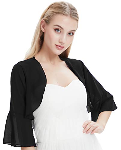 Leimandy Chiffon Shurg for Women Chiffon Bolero Shrug Evening Party Coverup Bell Sleeve V64 (Black, XXL)