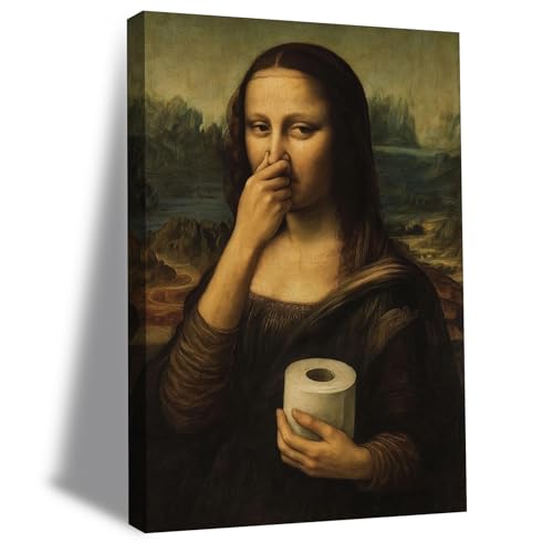 Funny Mona Lisa Bathroom Canvas Wall Art Humor Mona Lisa Pinching Nose Wall Decor Amusing Toilet Artwork Posters Pictures Celebrity Classical Vintage Painting Prints for Washroom Restroom Framed
