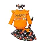 Loalirando Kleinkind Baby Mädchen My First Halloween Print Outfits Langarm Rundhals Strampler + Strapsrock + Stirnband 3-teiliges Set, Orange, 68