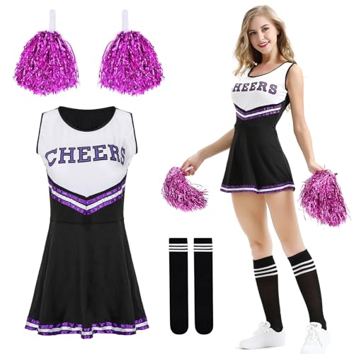 DAZZTIME Disfraz de Animadora Mujer Adulta,Disfraz de Animadora para Mujer Talla-M,Uniforme de Cheerleader,con Pompones y Calcetines,Disfraz Carnaval para Halloween y Fiestas de Disfraces.