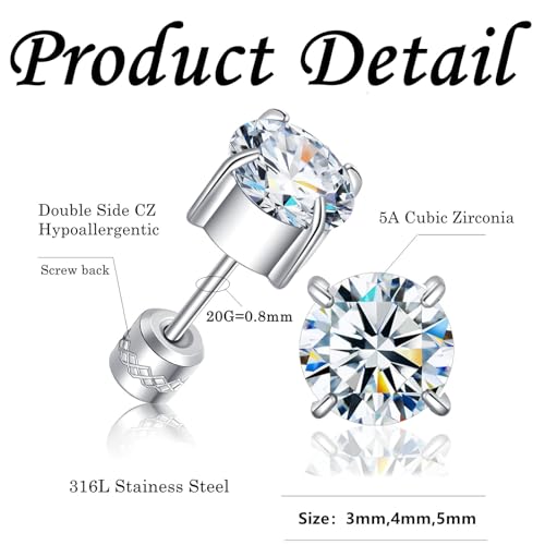 Hopply 3 Pairs Hypoallergenic Titanium Earrings for Sensitive Ears,Screw Back Surgical Stainless Steel 5A Cubic Zirconia Piercing Sleeper Stud Earrings4