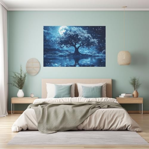 Impression sur toile arbre et lune bleu déco murale intissée - 4