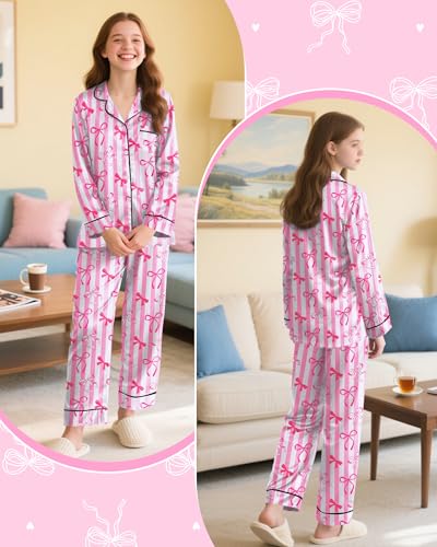 Girls Pajamas Silk PJS Set Satin Sleepwear Long Sleeve Jammies for Kids Button-Down Nightwear Loungewear 3-16 Years4
