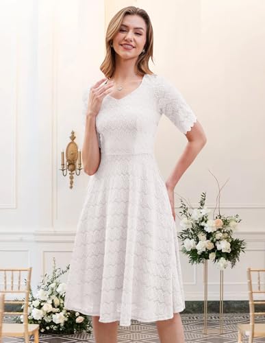 Image of Dressystar Women's Short Sleeve Lace Wedding Guest Dress V Neck A Line Formal Cocktail Evening Party Dresses 2025