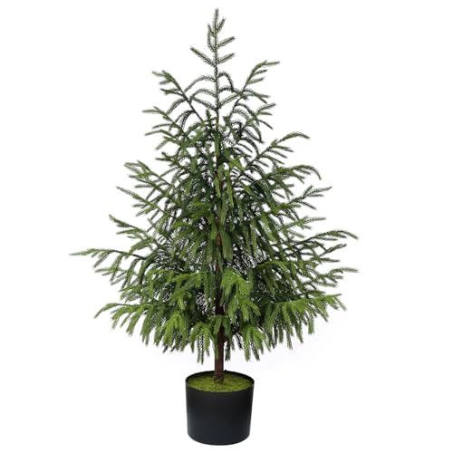 FOTEEWL 3FT Real Touch Norfolk Pine Topiary Trees for Front Porch Decor - Artificial Shrubs Faux Plants Fake Potted for Outdoor Indoor Door Offices Farmhouse Home Decor