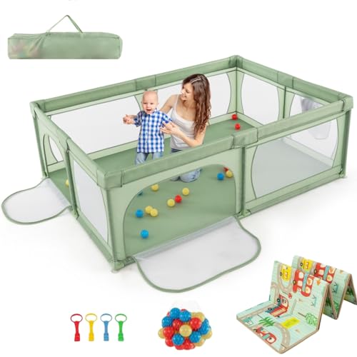 LIFEZEAL Box Bambini e Neonati 0-3 Anni, Recinto, Grande 206x147cm, con Materassino, Borsa, Maniglie, Palline, Bordo Protettivo, Porte con Cerniera, Parco di Gioco, Centro di Attività, Verde