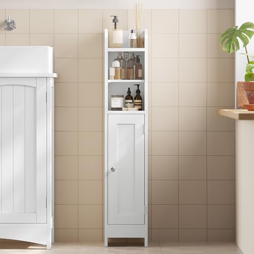 VASAGLE Slim Bathroom Floor Storage Cabinet with Door Freestanding Bathroom Storage Unit Narrow Bathroom Toilet Paper Storage Cabinet Adjustable Shelves Cloud White BBC311W01