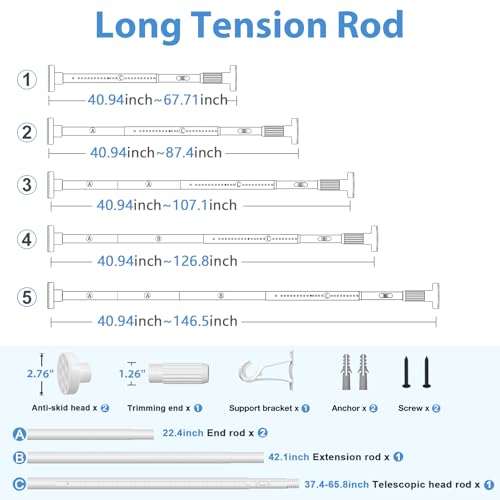 Image of 2Pack Long Tension Rod 39-144inch White Tension Curtain Rods no Drilling | 1.26 inch Diameter Outdoor Curtain Rod for Patio,Windows,Anywhere Heavy Duty Spring Rods Adjustable