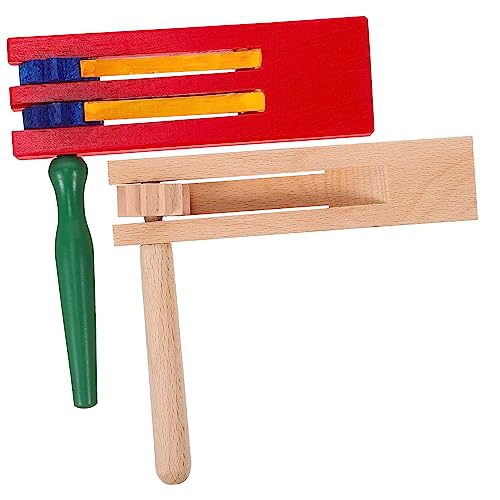 BESPORTBLE 2Pcs Wooden Ratchet Noise Makers Single Natural Double Colorful Castanet Hand Percussion Instruments Smooth Polished Wood for Early Learning Family Music Play Party Favors