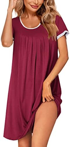 Ekouaer Plus Size Nightgowns Women Short Sleeve Sleepwear Plain Sleepdress Wine Red XXL