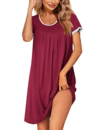 Image of Ekouaer Women's Nightgown Short Sleeve Sleepwear Comfy Sleepshirts Pleated Scoopneck Nightshirt S-XXXL