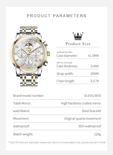 Image of OLEVS Chronograph Watches for Men Original Analog Quartz Black Stainless Steel Chain Luxury Dual Time Zone Moon Phase Date Waterproof Men's Wrist Watch
