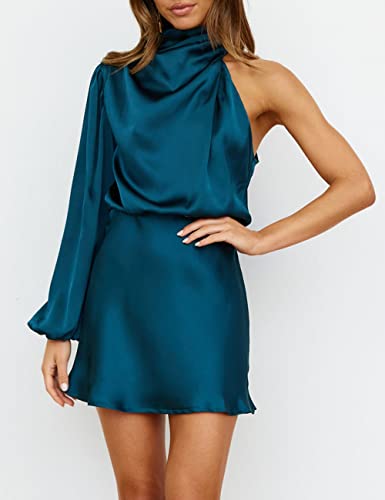 Women's Satin Long Sleeve One Shoulder Mini Dress Silk One Sleeve Turtle Neck Cut Out Cocktail Short Dress for Women4