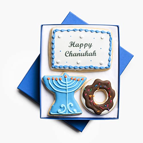 Hanukkah Cookie Gift Basket Hand Decorated Vanilla Sugar Cookies Gourmet Kosher Food Dessert Gift Box For Kids Adults Family Coworkers & Friends 3 Count