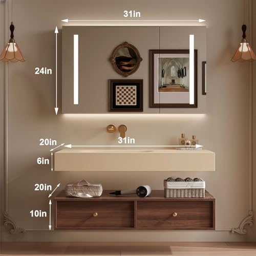 Modern Wall Mounted Floating Bathroom Vanity with Integrated Ceramic Sink, No Assembly Required, Hanging LED Intelligent Lighted Sensor and Demisting Mirror, Cabinet Spaces, 3 Soft Close Drawers