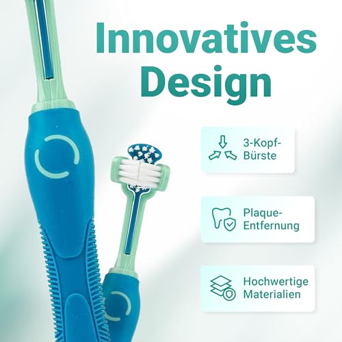 emmi-pet Zahnpflegeset für Hunde - 1x3köpfige Hundezahnbürste mit 1x Hundezahnpasta und 2x Fingerzahnbürste (Blau, Welpe - Junghund)