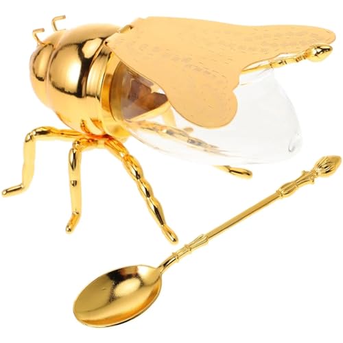 Image of Ainovi Bee Shaped Glass Honey Jar Dispenser with Dipper Spoon – Honey Pot, Bee Honey Holder, Syrup Server, Spice Container & Sugar Jar, Dispenser Tea Caddy for Kitchen Décor & Gift