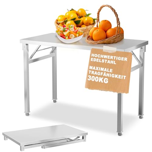 UISEBRT Edelstahl klapptisch mit 300 kg Tragkraft und justierbaren Stellfüßen Klappbar Arbeitstisch Serviertisch Küchentisch für Gastronomie Küche Bar Restaurant 100x60x85cm