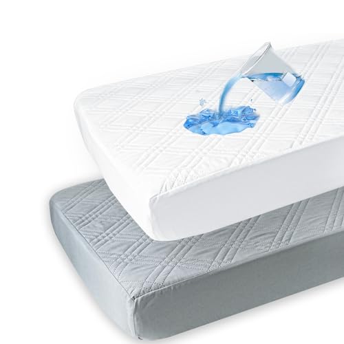 Image of david's kids 2 Pack Waterproof Crib Mattress Protector, Fit Standard Crib and Toddler Mattresses, Ultra Soft and Breathable for Boys Girls Neutral, White & Grey