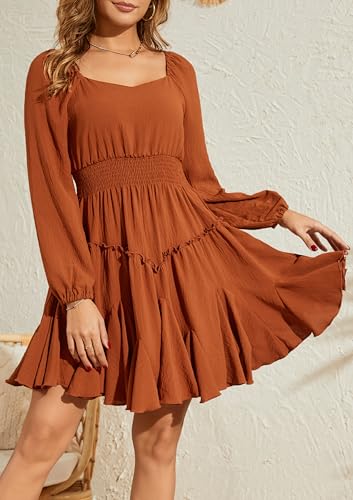 Florboom Women's Multi-Layered Hem Dress Square Neck Lantern Long Sleeve A-Line Smocked Waist Mini Dresses2