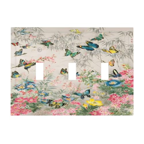 Decorative Switch Covers Plate Boho Wildflowers Butterfly Rustic Blue Pink Flowers 3 Gang Wall Plate Oversized Triple Toggle Light Switch Plate Jumbo Faceplate for Country Home Decor