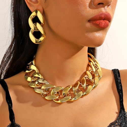 YOOESTORES82 Acrylic 14K Gold Chunky Chain Necklace Earrings Set for Women,Punk Short Thick Wide Cuban Link Choker Necklaces Trendy Drop Dangle Earring Jewelry Set4