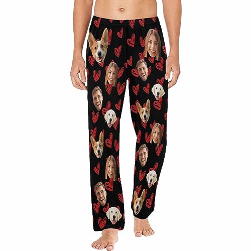 Personalized Photo Face Pajama Pants for Men Custom Hand Painted Love Hearts Pajama Sleepwear Bottoms with Pockets