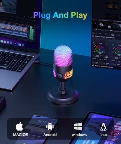 Image of USB Condenser Microphone for PC, RGB Gaming Mic with Plug & Play, Cardioid Pickup, Real-Time Monitoring, Tap-to-Mute, Gain Control for Streaming, Podcast, Recording on PC, Mac