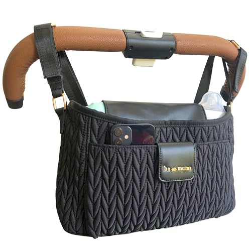 Image of BeMums Universal Stroller Caddy, Organizer with Insulated Cup Holder, 2-in-1 Shoulder Strap for Easy Use, Faux Leather & Gold Details - Fits UppaBaby, Mockingbird, Nuna, Pet Strollers & More
